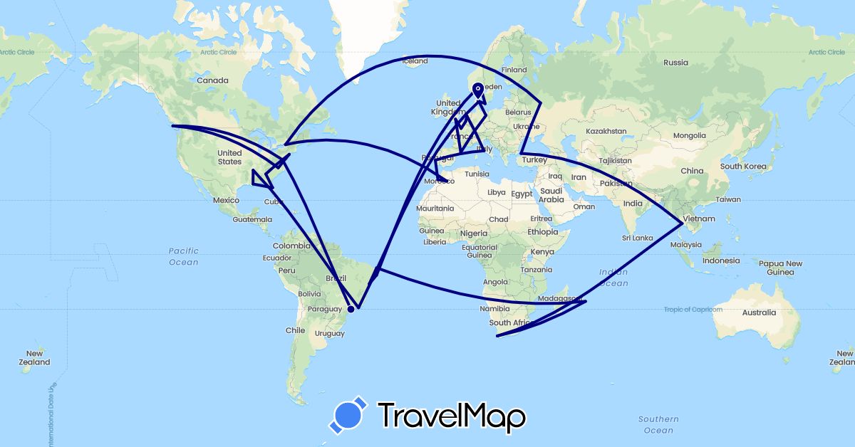 TravelMap itinerary: driving in Belgium, Brazil, Canada, Germany, Denmark, Spain, France, United Kingdom, Italy, Morocco, Mauritius, Netherlands, Norway, Portugal, Russia, Sweden, Thailand, Turkey, United States, South Africa (Africa, Asia, Europe, North America, South America)